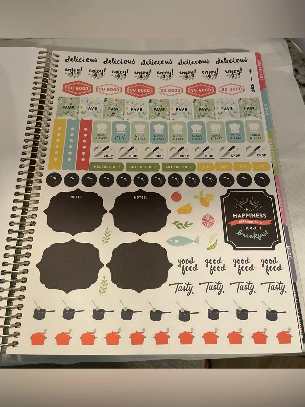 “Let’s Cook” recipe binder, spiral kitchen planner w/stickers & tabbed sections